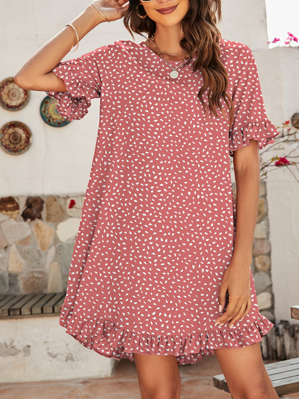 Women’s Leopard Print Round Neck Short Sleeve Ruffle Dress