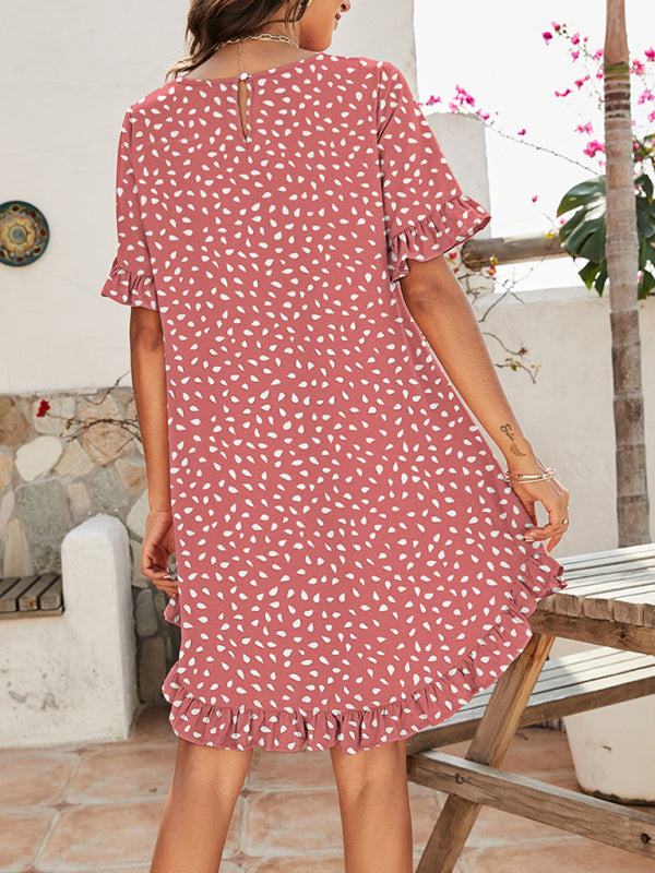 Women’s Leopard Print Round Neck Short Sleeve Ruffle Dress