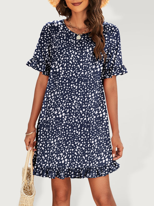 Women’s Leopard Print Round Neck Short Sleeve Ruffle Dress - Champlain color / S