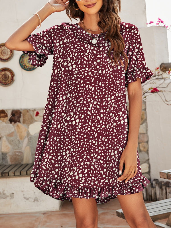 Women’s Leopard Print Round Neck Short Sleeve Ruffle Dress - Wine Red / S
