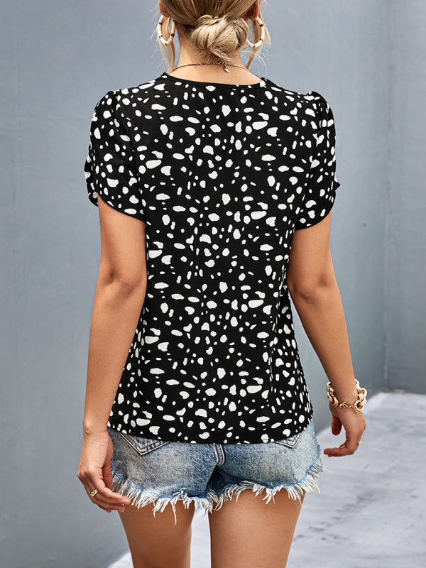Women’s Leopard Print V-Neck Lace Short Sleeve Top