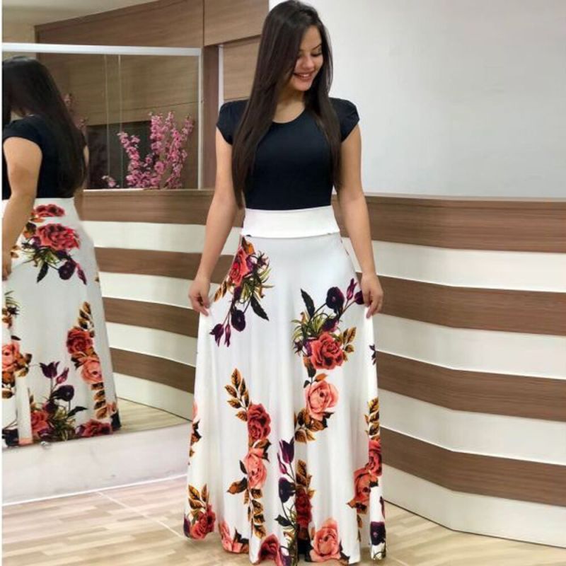 Women’s Long Dress Digital Print Colorblock Short Sleeve Dress - Black / S