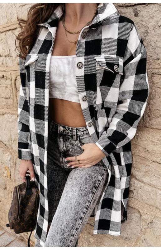 Women’S Long Plaid Shirt Large Coat - Black / S