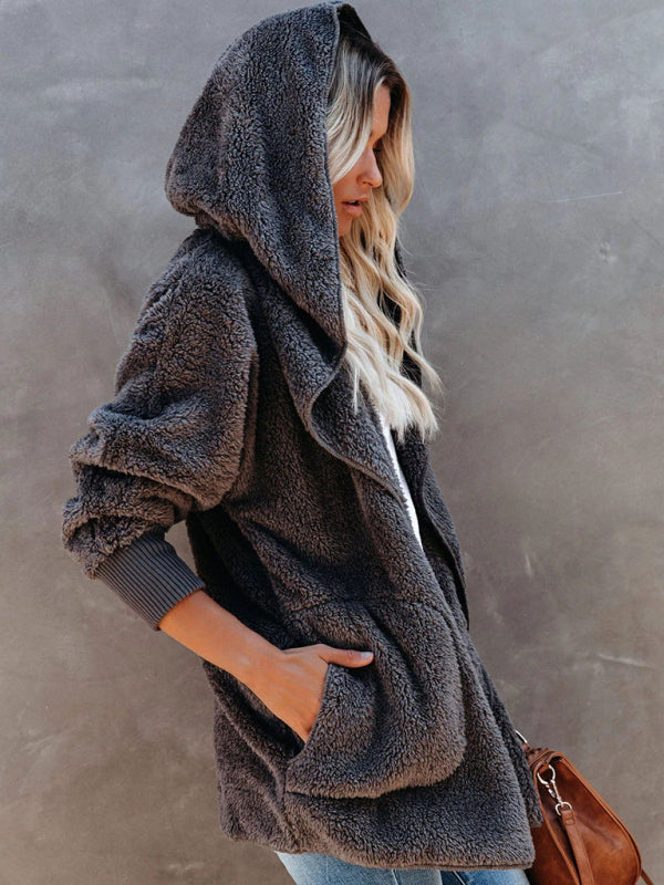 Women’s Long Sleeve Jacket Casual Hooded Solid Color Cardigan Plush Women