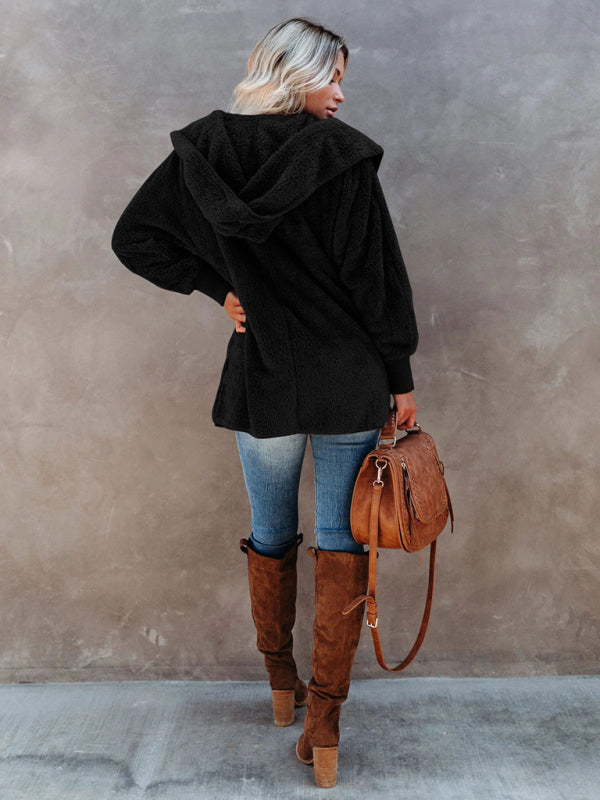 Women’s Long Sleeve Jacket Casual Hooded Solid Color Cardigan Plush Women