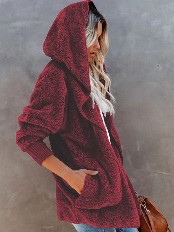 Women’s Long Sleeve Jacket Casual Hooded Solid Color Cardigan Plush Women