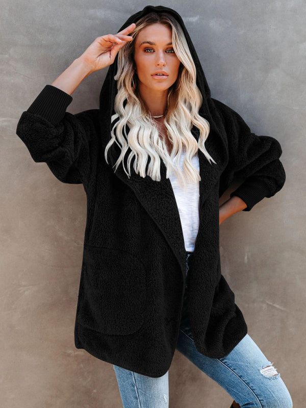 Women’s Long Sleeve Jacket Casual Hooded Solid Color Cardigan Plush Women