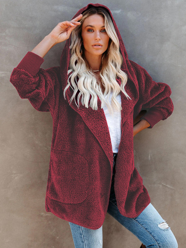 Women’s Long Sleeve Jacket Casual Hooded Solid Color Cardigan Plush Women - Wine Red / S