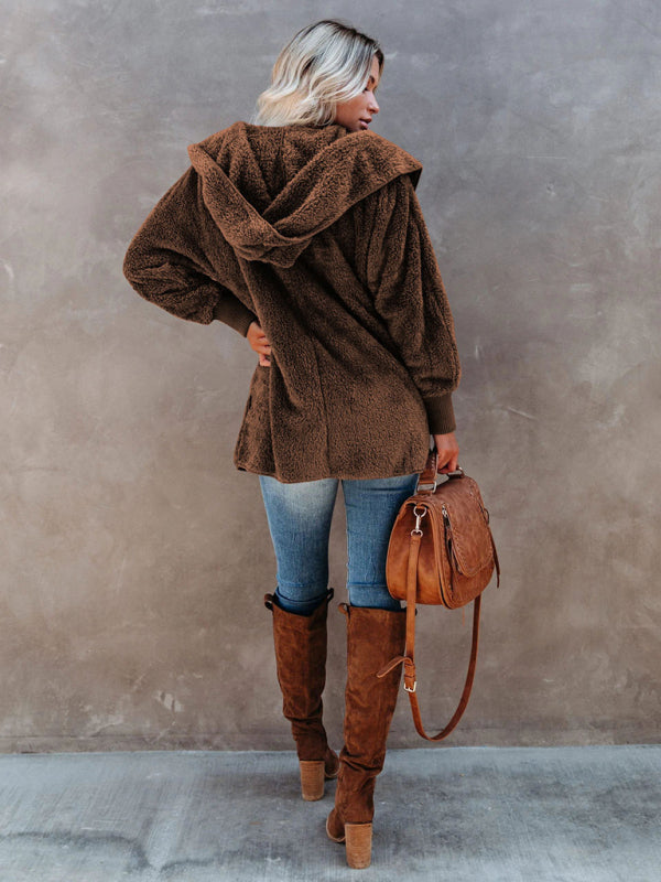 Women’s Long Sleeve Jacket Casual Hooded Solid Color Cardigan Plush Women