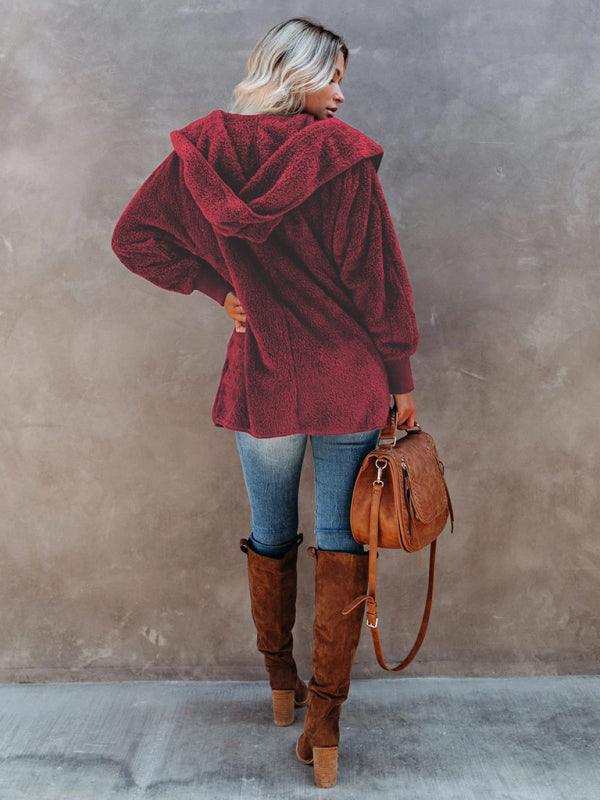 Women’s Long Sleeve Jacket Casual Hooded Solid Color Cardigan Plush Women
