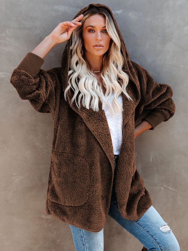 Women’s Long Sleeve Jacket Casual Hooded Solid Color Cardigan Plush Women - Coffee / S