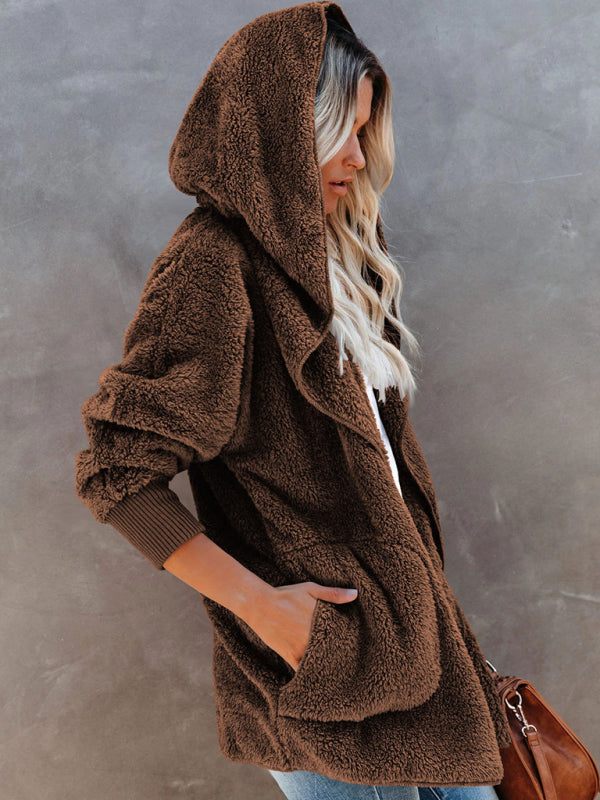 Women’s Long Sleeve Jacket Casual Hooded Solid Color Cardigan Plush Women