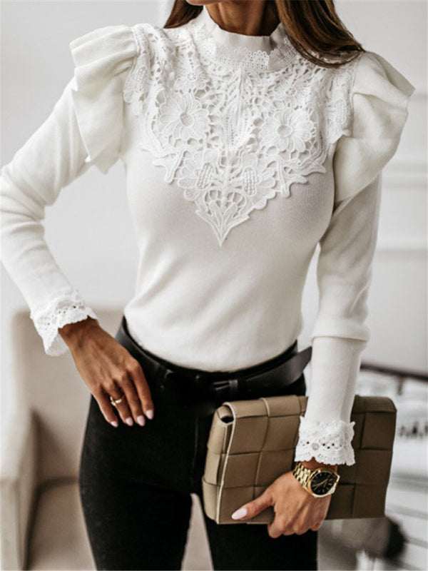 Women’s long sleeve round neck lace bottoming knitted top - White / XS
