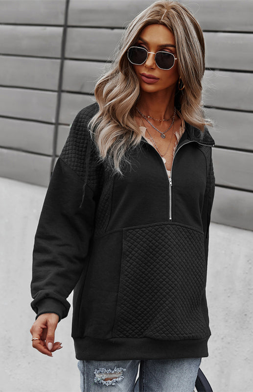 Women’s Long Sleeve Zippered Diamond Check Coat - Black / S
