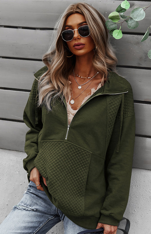 Women’s Long Sleeve Zippered Diamond Check Coat - Olive green / S