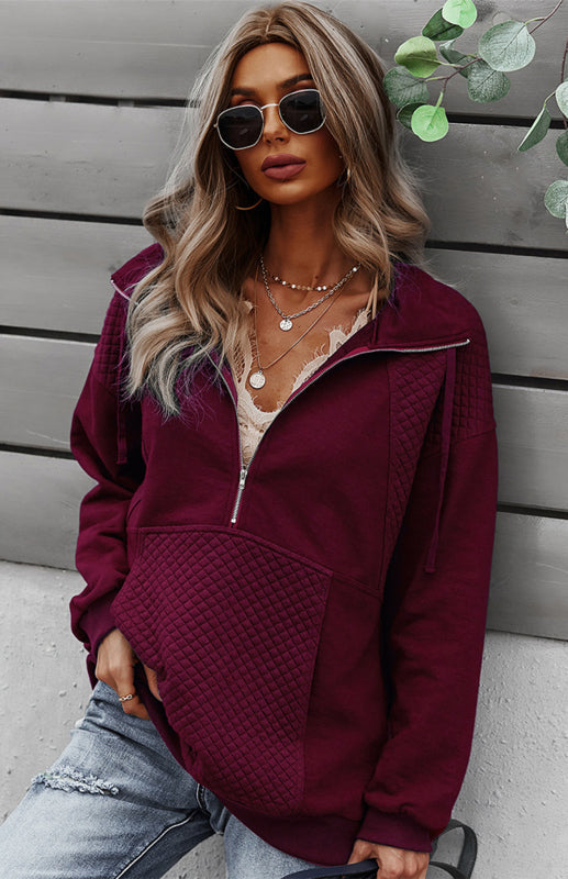 Women’s Long Sleeve Zippered Diamond Check Coat - Wine Red / S