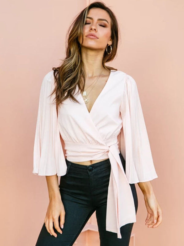 Women’s long -sleeved thin V -neck flared sleeve top - Pink / S