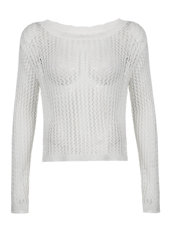 Women’s loose see-through mesh long-sleeved knitted top