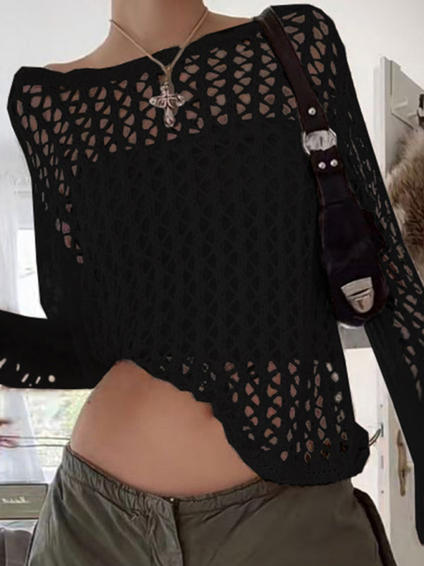 Women’s loose see-through mesh long-sleeved knitted top - Black / S