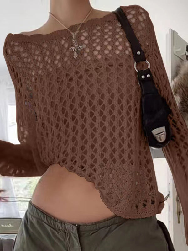 Women’s loose see-through mesh long-sleeved knitted top - Coffee / S