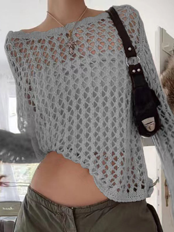 Women’s loose see-through mesh long-sleeved knitted top - Grey / S