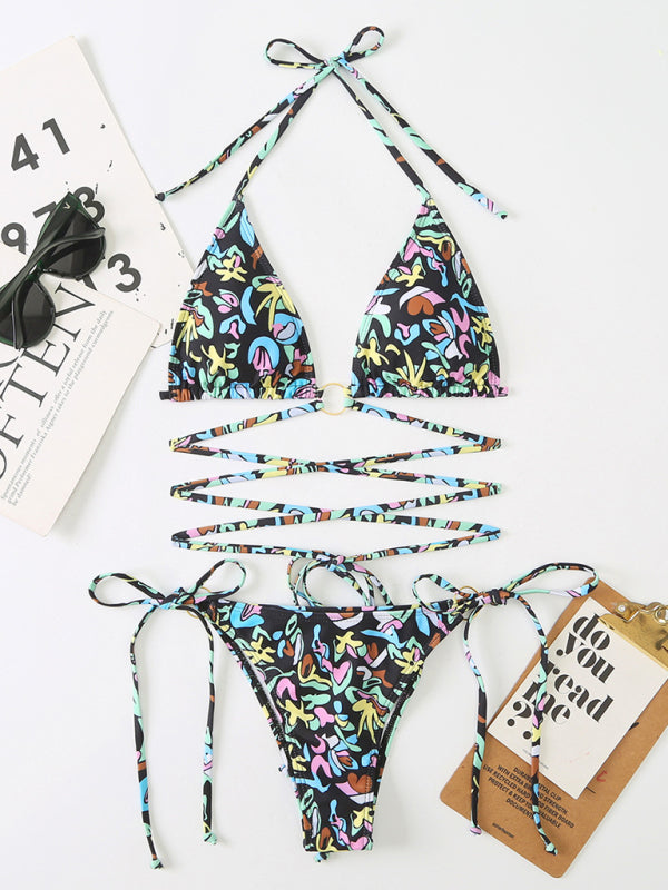 Women’s New Bikini Floral Print Beach Strap Swimsuit - Black / S