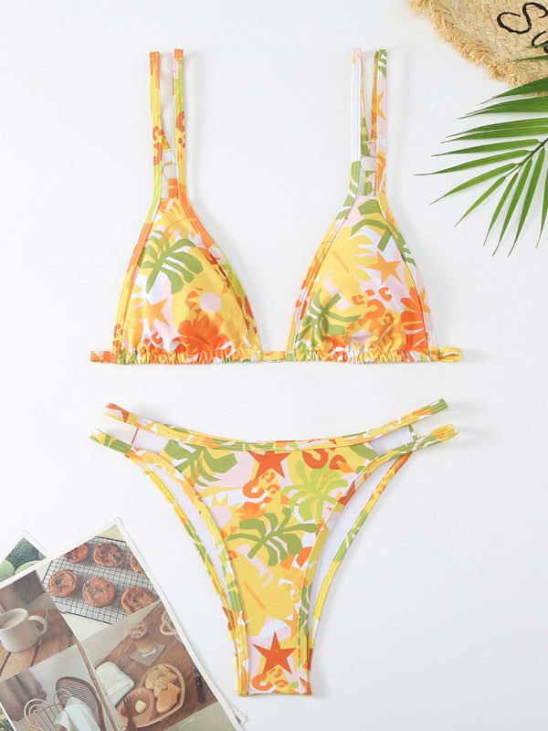 Women’s New Bikini Floral Print Double Strap Swimsuit - Yellow / S
