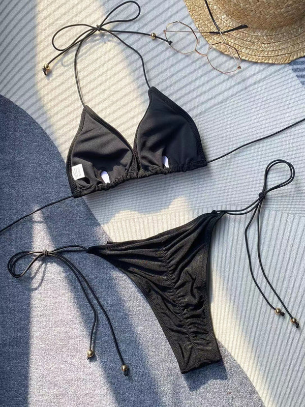 Women’s new bikini solid color rope strap sexy swimsuit