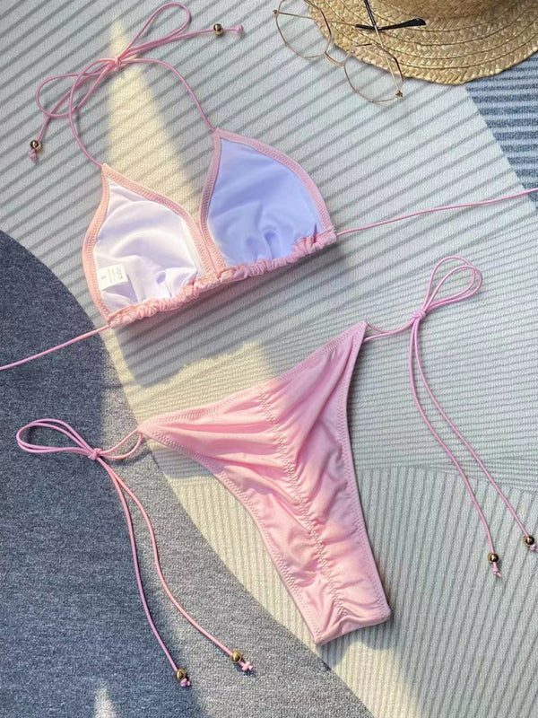 Women’s new bikini solid color rope strap sexy swimsuit