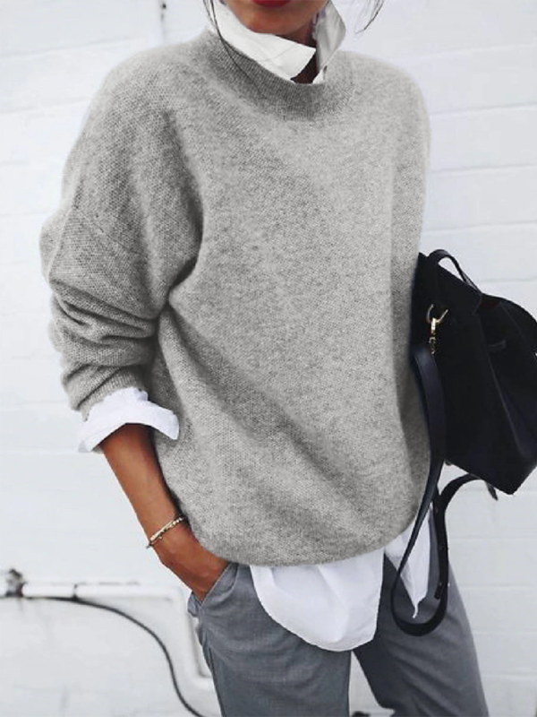 Women’s new casual and versatile long-sleeved pullover knitted top - Misty grey / S