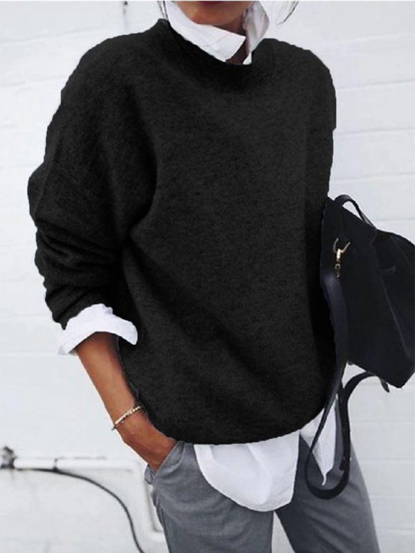 Women’s new casual and versatile long-sleeved pullover knitted top - Black / S