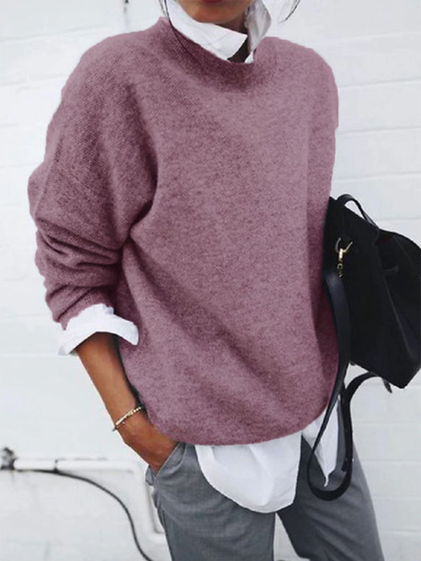 Women’s new casual and versatile long-sleeved pullover knitted top - Purplish red / S