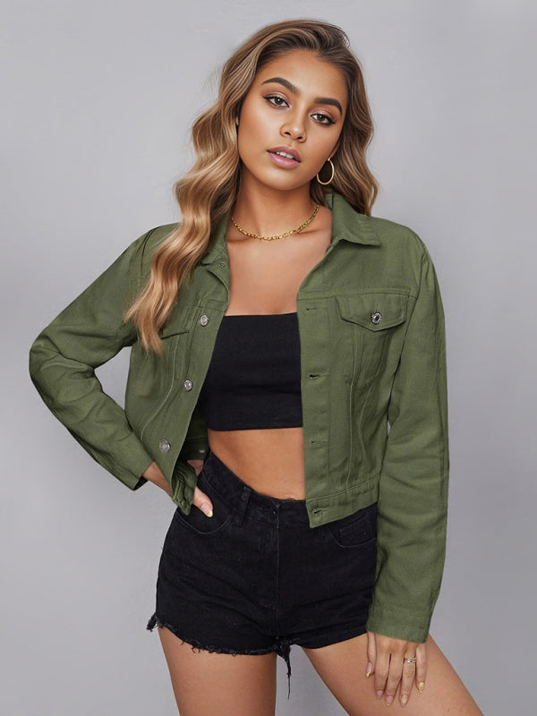 Women’s new casual denim short jacket - Olive green / XS