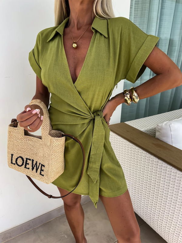 Women’s New Casual Lapel Short Sleeve Jumpsuit - Green / S