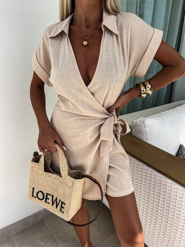 Women’s New Casual Lapel Short Sleeve Jumpsuit - Khaki / S