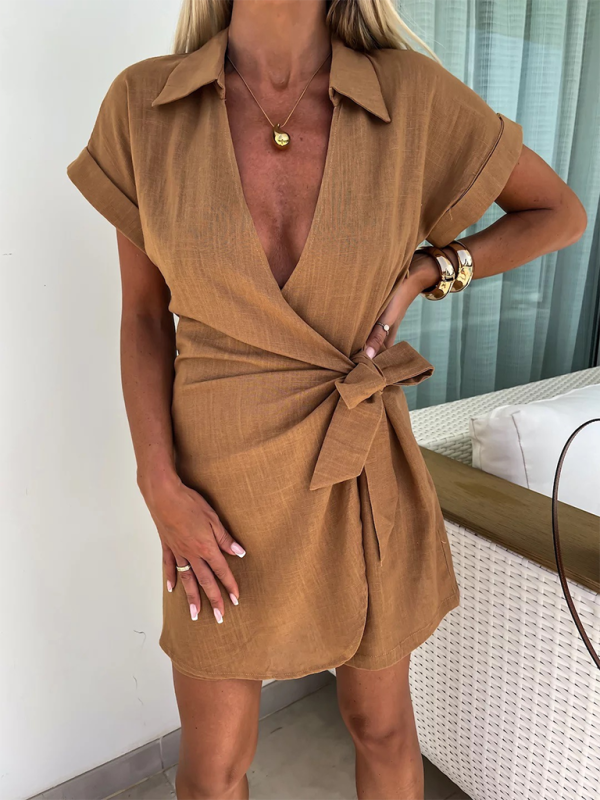 Women’s New Casual Lapel Short Sleeve Jumpsuit - Olive yellow / S