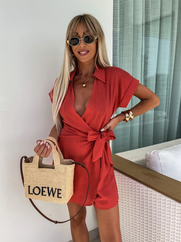 Women’s New Casual Lapel Short Sleeve Jumpsuit - Red / S