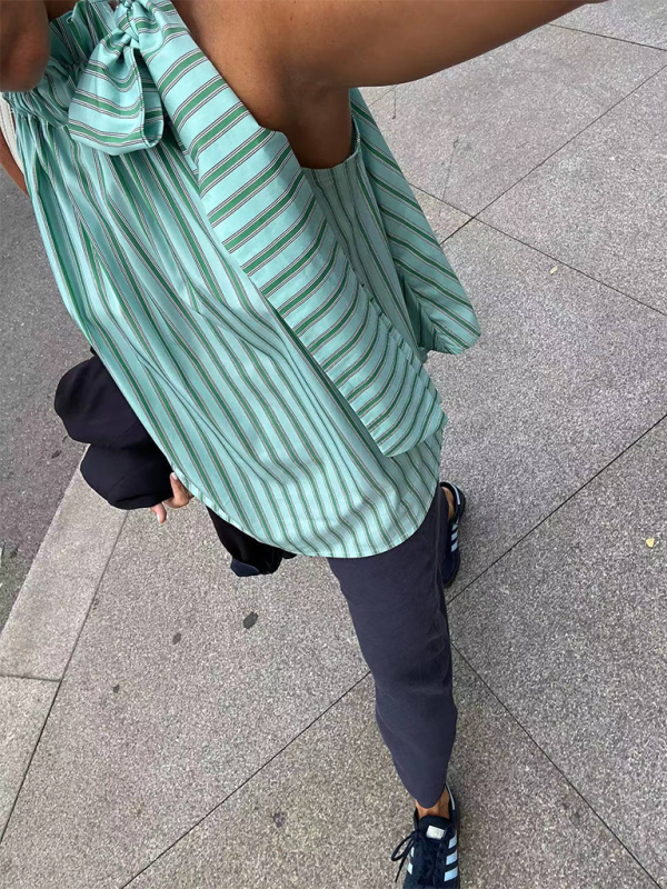 Women’s new casual loose ruffle collar sleeveless striped top