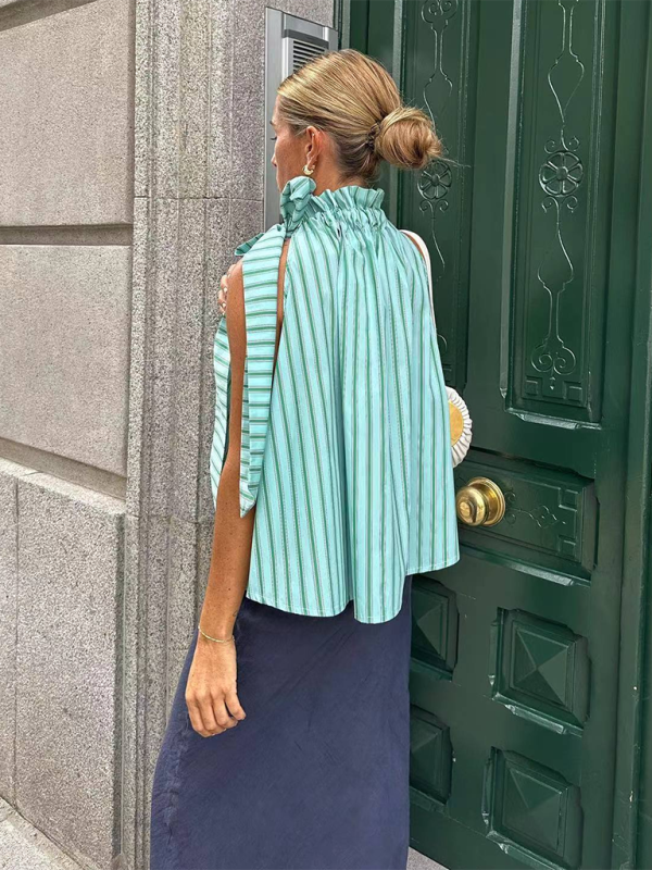 Women’s new casual loose ruffle collar sleeveless striped top