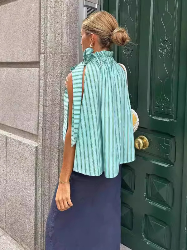 Women’s new casual loose ruffle collar sleeveless striped top - Green / S