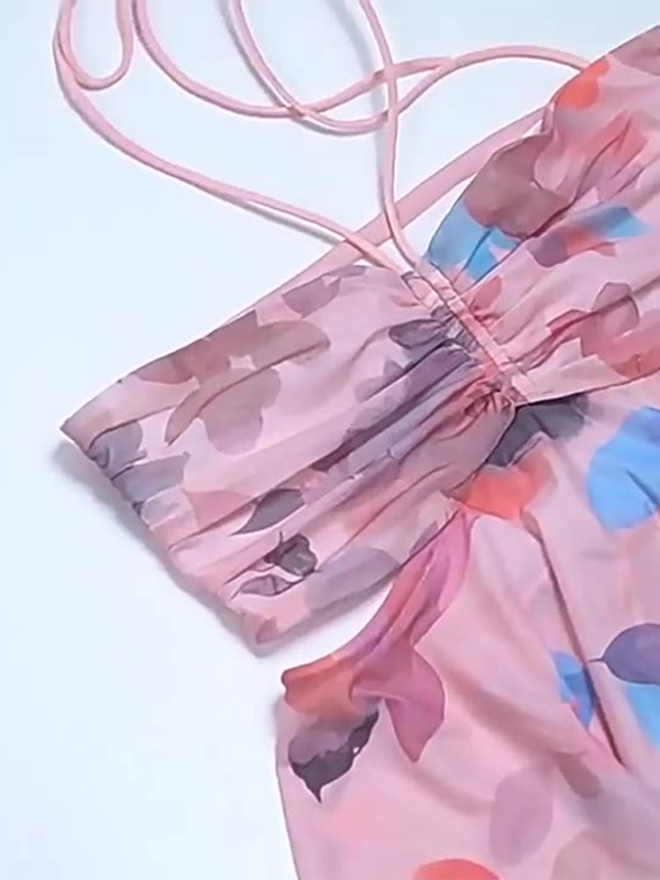 Women’s new color matching pleated fashion print halter neck tube top