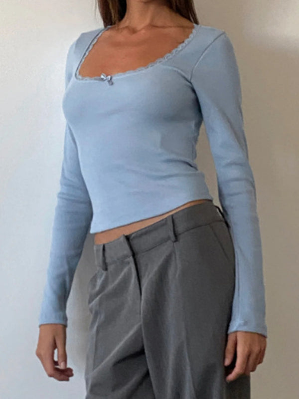 Women’s new fashion and sexy U-neck small lace knitted bottoming shirt