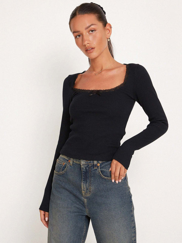 Women’s new fashion and sexy U-neck small lace knitted bottoming shirt