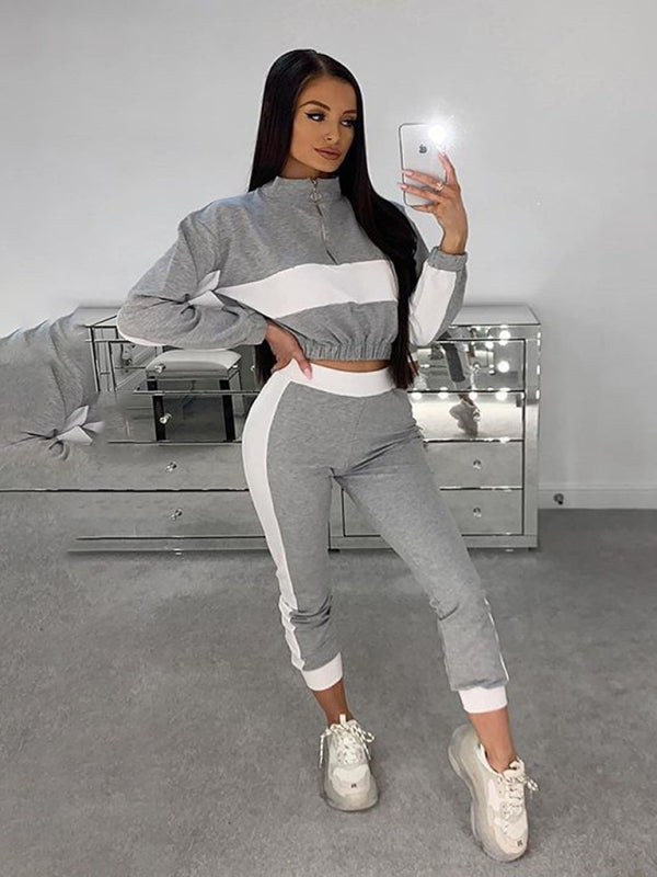 Women’s new fashion casual color matching short top + trousers suit - Grey / S
