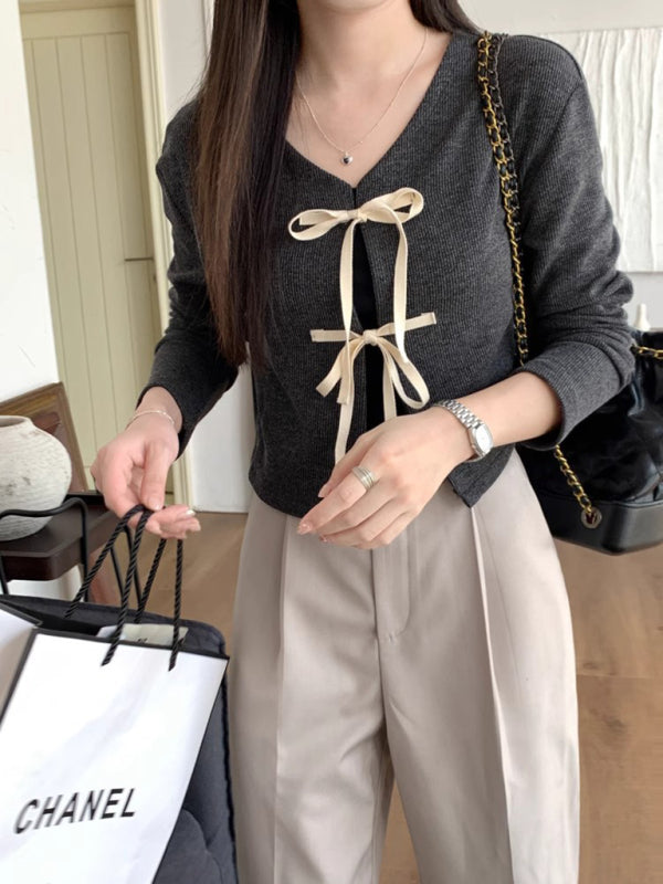 Women’s new fashionable bow tie knitted cardigan top