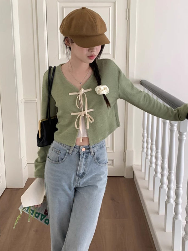 Women’s new fashionable bow tie knitted cardigan top