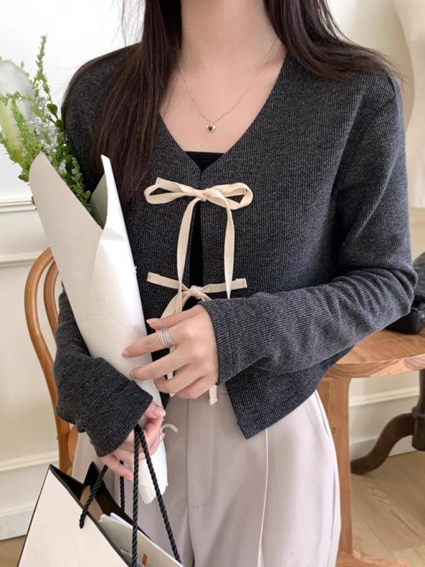 Women’s new fashionable bow tie knitted cardigan top - Grey / FREESIZE