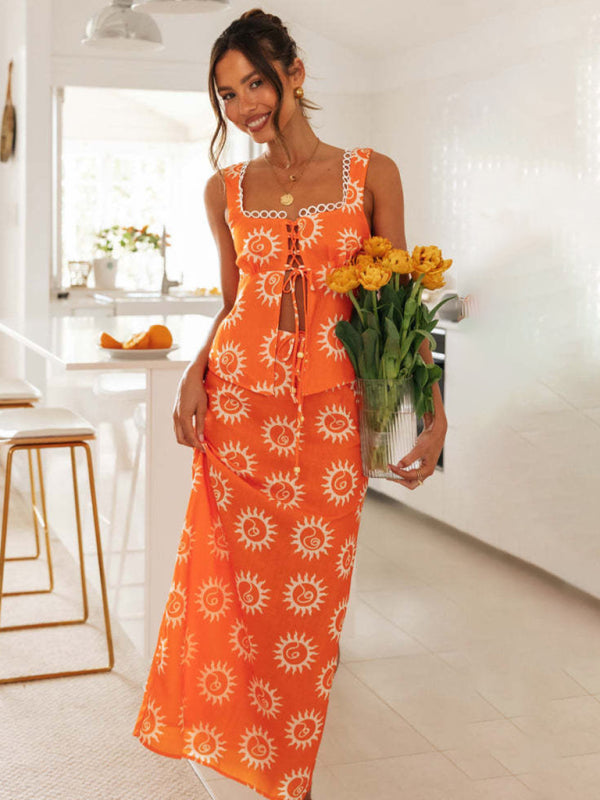 Women’s New Lace Spliced Square Neck Top Printed Long Skirt Hem Slit Long Skirt Suit - Orange / S