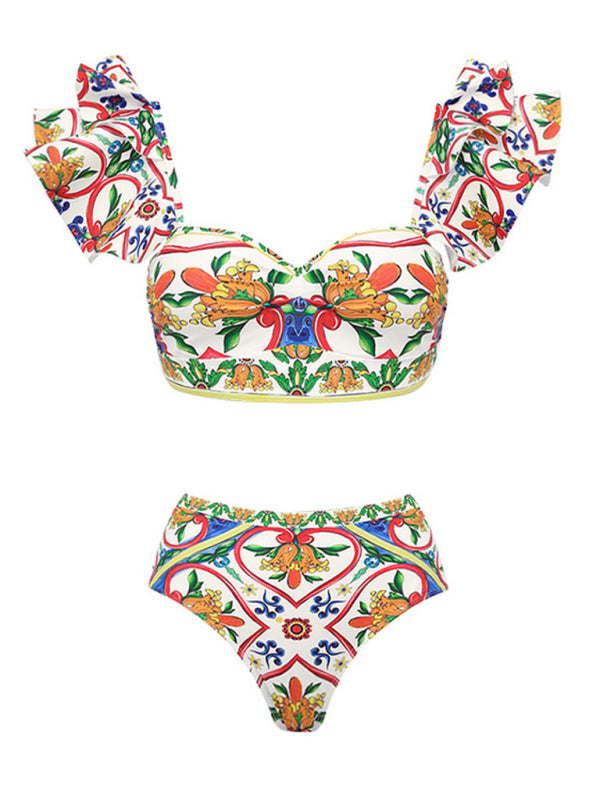 Women’s New Ruffled Enamel Print Beach Resort Swimsuit Suit