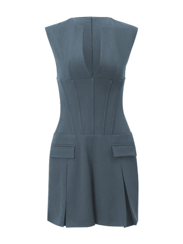 Sleeveless blue mini dress with pockets featuring sexy retro waist and waist slim pleated design